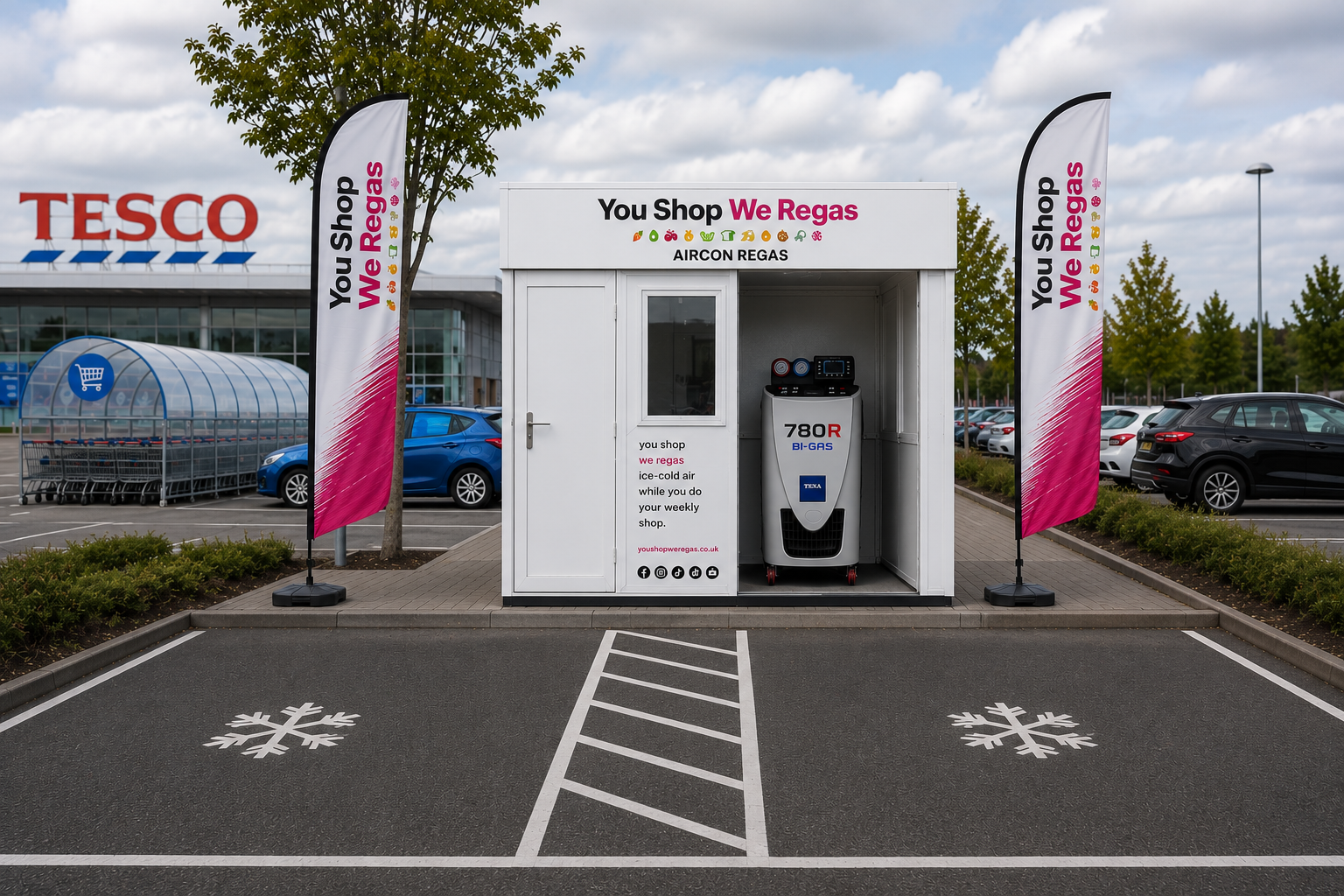 Artist impression of a You Shop We Regas aircon regas kiosk in a supermarket car park